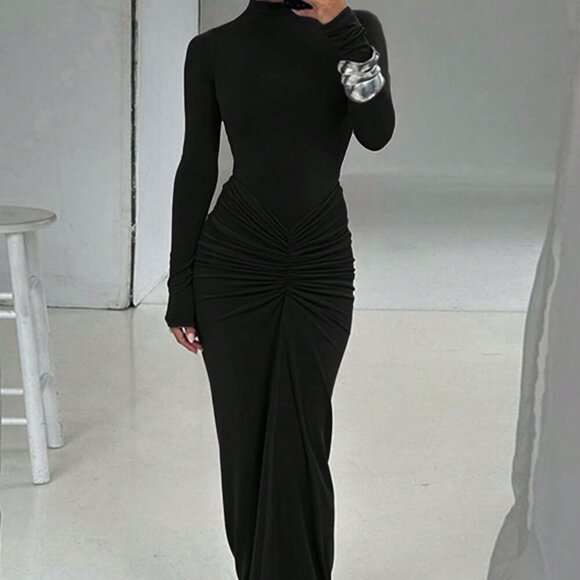 Black Elegant Women's Sexy Cinched Waist Long Dress Black Elegant Women's Sexy Cinched Waist Long Dress